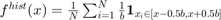 $f^{hist}(x)= \frac{1}{N}\sum^{N}_{i=1}\frac{1}{b} \textbf{1}_{x_{i}\in[x-0.5b,x+0.5b]}$